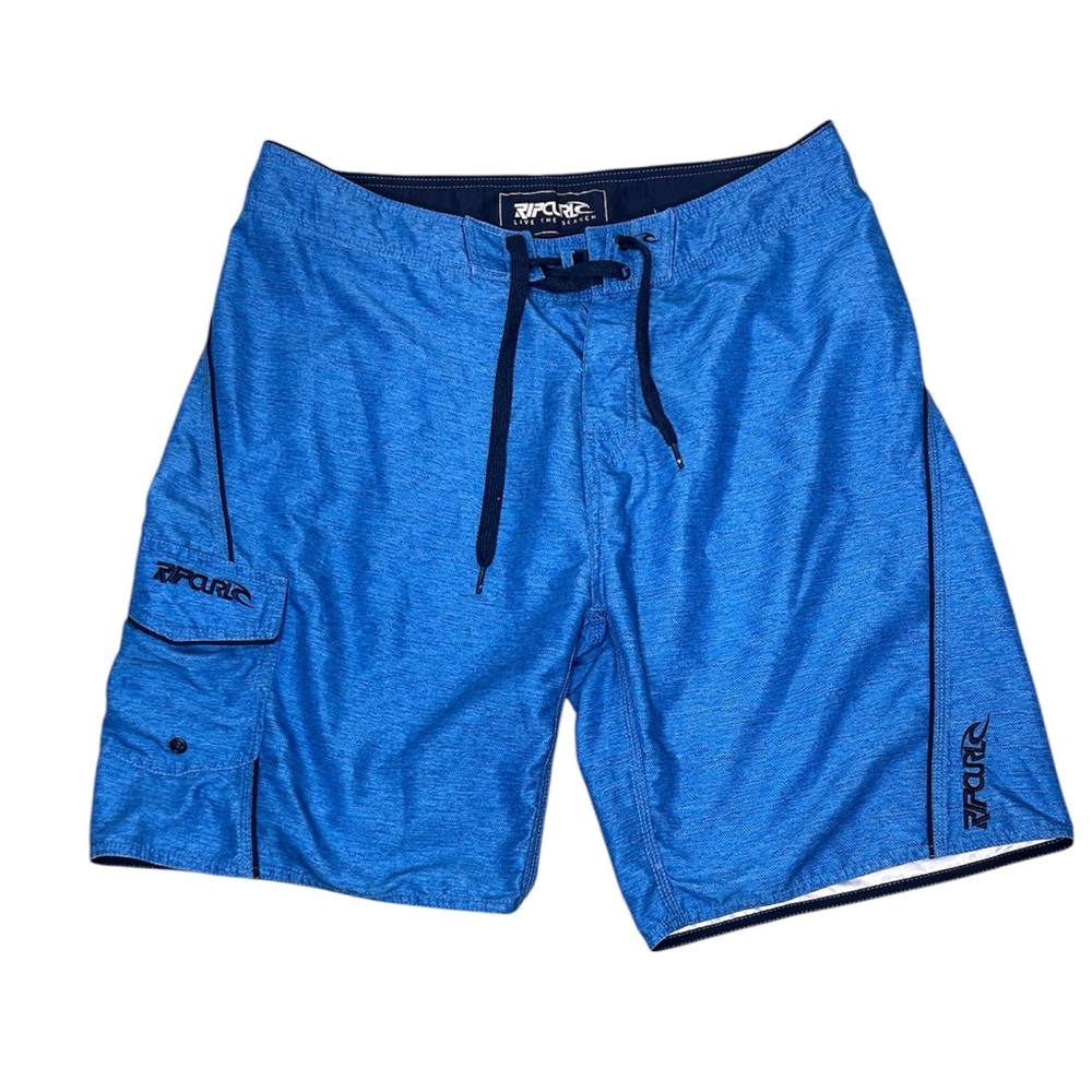 Rip Curl Live The Search Blue Board Shorts‎ Unlined Front Tie Side Pocket Sz 36